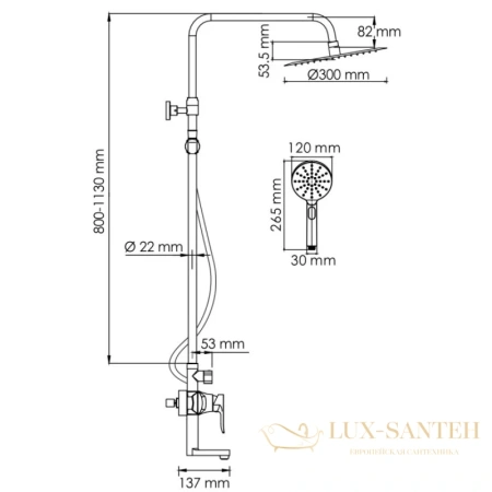 душевая система wasserkraft a166.116.127.087.ch 300 мм, хром