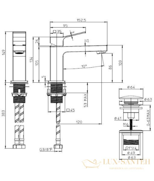 смеситель для раковины bossini aki z00707.073, c донным клапаном, черный матовый