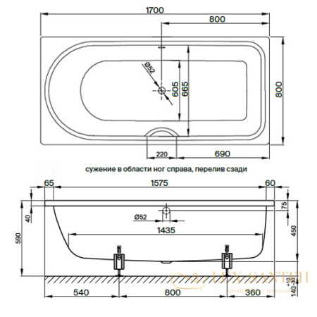 ванна bette ocean 8765-000 plus 1700х800 мм перелив сзади, шумоизоляция, антигрязевое, белый