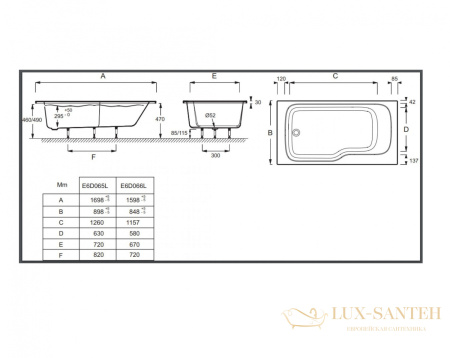акриловая ванна jacob delafon bain douche malice e6d065l-00 170*90 см левосторонняя, белый