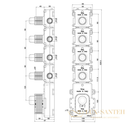 встраиваемая часть fima carlo frattini fimathermbox f2464m, механическое управление, на 4 выхода
