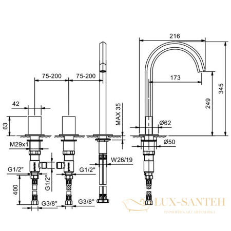 смеситель для раковины fantini venezia, 29 p9 n405sw, без донного клапана, излив 175мм, matt copper pvd