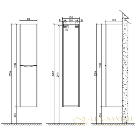 пенал подвесной belbagno ancona-n ancona-n-1700-2a-sc-rw-l левый, темный дуб