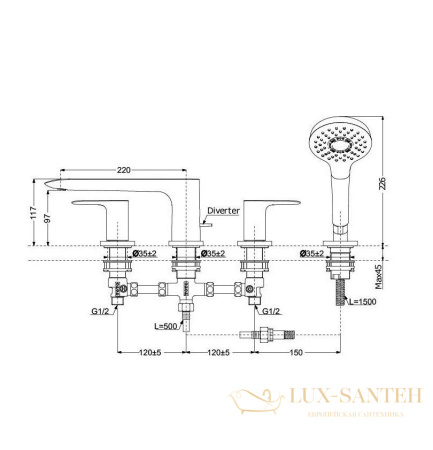 смеситель на борт ванны toto go, tbg01202r, 525x298x226мм, на 4 отв. с ручным душем, comfort wave, хром