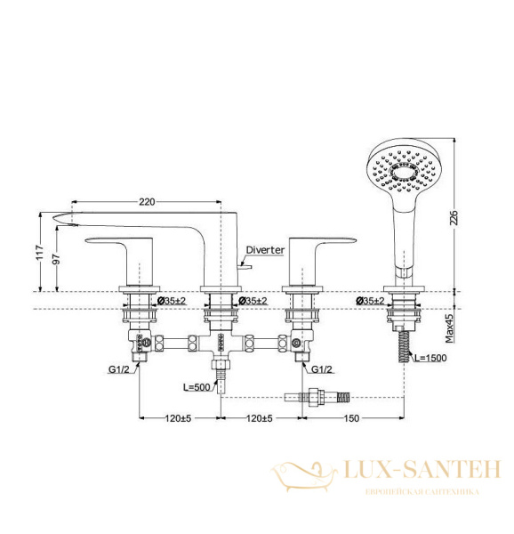смеситель на борт ванны toto go, tbg01202r, 525x298x226мм, на 4 отв. с ручным душем, comfort wave, хром