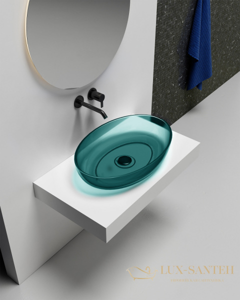 раковина накладная прозрачная abber kristall at2801aquamarin, 60х40 см, бирюзовый