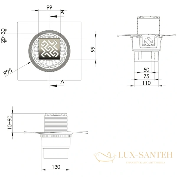 душевой трап berges zentrum antik 092464 99x99/50*75*110 мм, золото