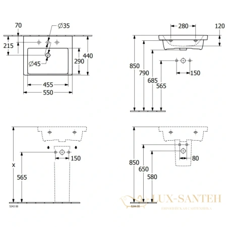 раковина villeroy & boch subway 3.0 4a705501 55х44 см, альпийский белый