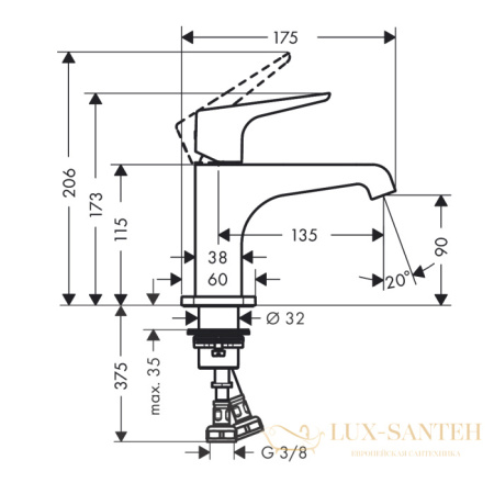 смеситель для раковины 90, axor citterio 36112000, e, с донным клапаном, хром
