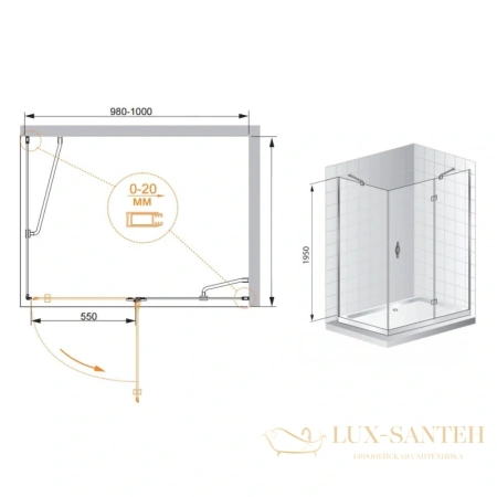 душевой уголок cezares bergamo-ah-1 bergamo-w-ah-1-100/80-p-cr-r 100x80 см, стекло рифленое