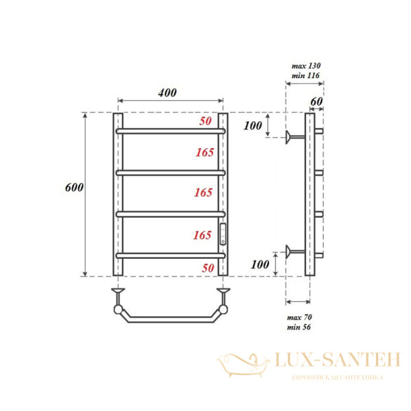 полотенцесушитель 400x600 электрический point виктория pn06846 п4 диммер справа, хром