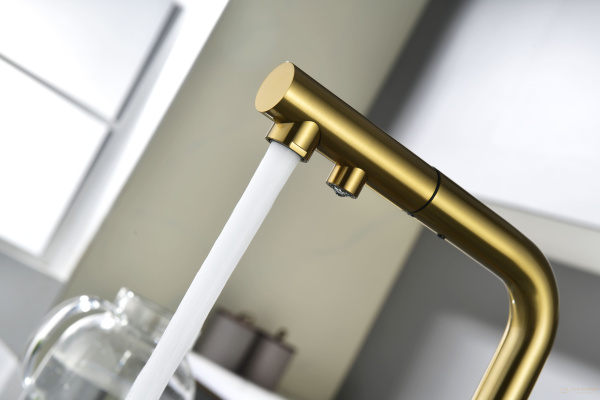 смеситель для кухни под фильтр с гибким изливом paulmark serpentine se213222-bg, золото брашированное