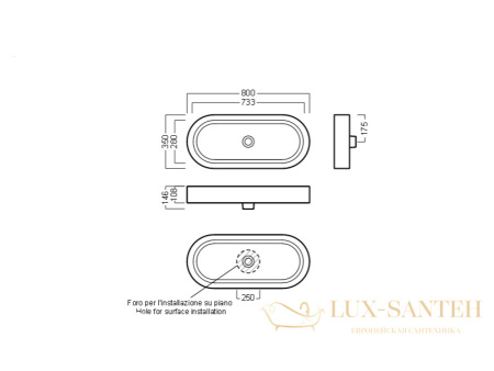 раковина накладная hatria area y0uf01, без отверстий под смеситель, без перелива, 80x35x14.6 см, белый глянцевый