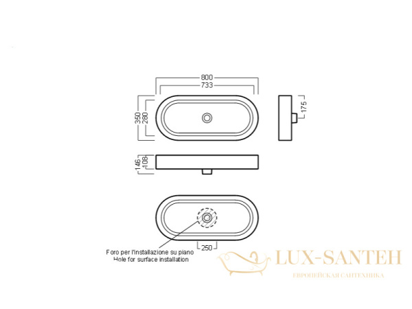 раковина накладная hatria area y0uf01, без отверстий под смеситель, без перелива, 80x35x14.6 см, белый глянцевый
