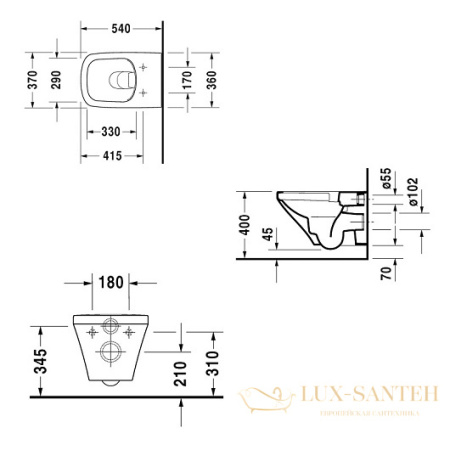 чаша подвесного безободкового унитаза duravit durastyle 2551090000 rimless, белый