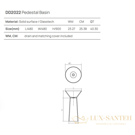 раковина напольная dea design pedestal basin, dd2022 480 r4, glasstech, d480хh900 мм, smoky black