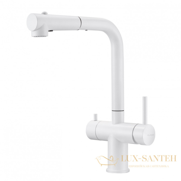 смеситель для кухни под фильтр с выдвижным изливом milacio mcu.561.wh, белый матовый