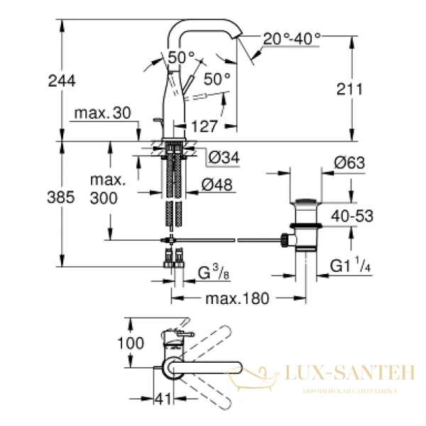 смеситель для раковины с донным клапаном grohe essence new 32628a01, темный графит глянцевый 