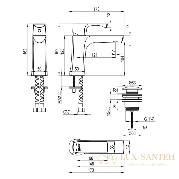 смеситель для раковины lemark ursus lm7206bg, с донным клапаном, золото шлифованное