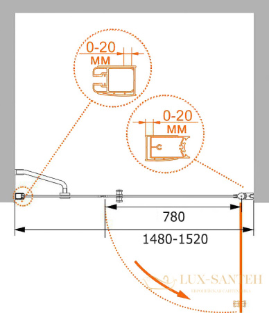 душевая дверь cezares elena elena-w-b-11-60+90-p-cr-r 150 см r профиль хром, стекло рифленое