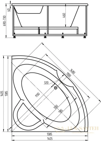 акриловая ванна aquatek поларис-1 140x140 pol1-0000030 с фронтальным экраном (вклеенный каркас)