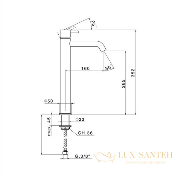 смеситель для раковины cisal less new, ln00454040, h352 мм, излив 160 мм, nero opaco