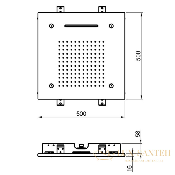 верхний душ встраиваемый 500х500 мм, almar square temptation, e044140.ab, 3 режима, черный хром брашированный pvd