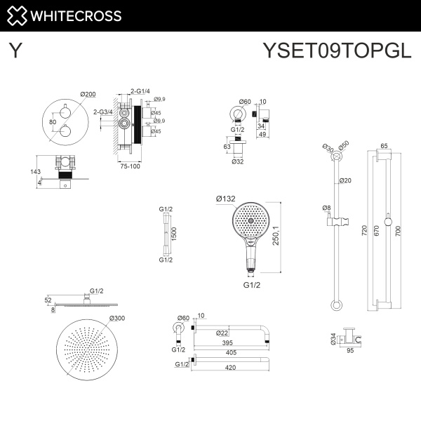 термостатическая душевая система скрытого монтажа whitecross y, yset09topgl, золото глянцевое