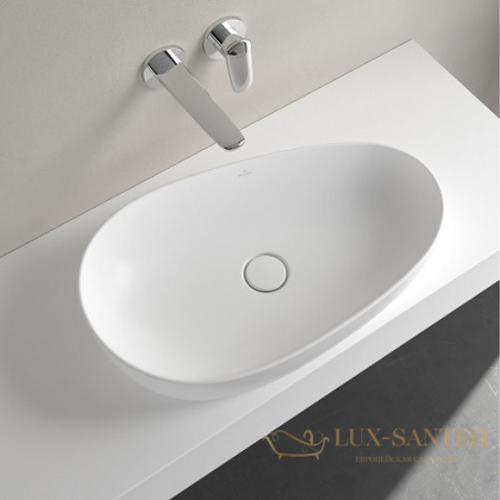 раковина накладная villeroy&boch antao 4a7465rw, 65x40x14,6 cм, stone white ceramicplus, без перелива, белый матовый