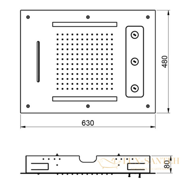 верхний душ встраиваемый 630х480 мм, almar chromotherapy e044190.ab, 3 режима, с хромотерапией, черный хром брашированный pvd