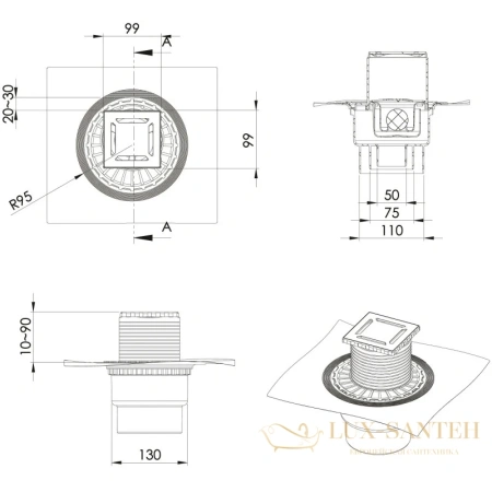 душевой трап berges zentrum norma 090462 99x99/50*75*110 мм, матовый хром