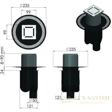 душевой трап berges platz norma 092058 99x99/50 мм, золото