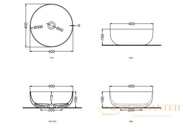 раковина накладная, cielo, le bacinelle baera ag, 450x450x240h мм,  без отверстия для смесителя без перелива, talco