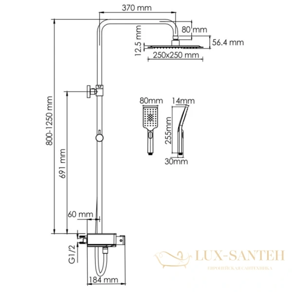 душевая система wasserkraft abens a114.255.130.cb thermo 250 мм, черный матовый