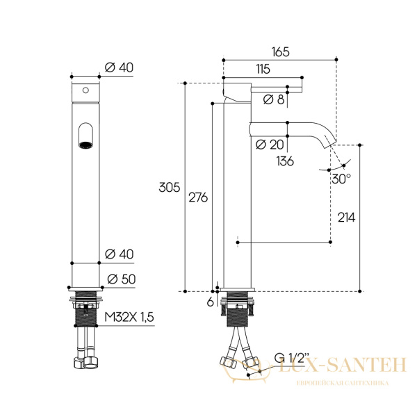 смеситель для раковины aqueduto cano l, can0345, оружейная сталь