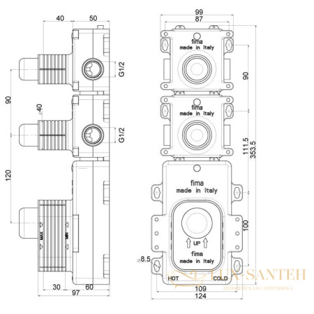 встраиваемая часть fima carlo frattini fimathermbox f2462m, механическое управление, на 2 выхода