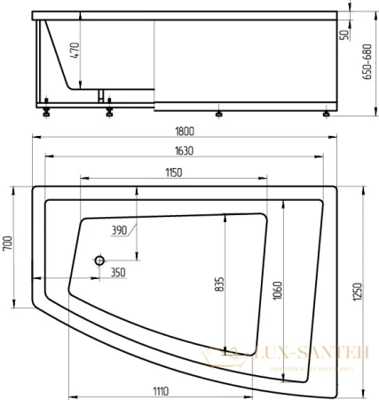 акриловая ванна aquatek оракул 180х125 ork180-0000009 правая, на каркасе, с фр. и боковым экраном