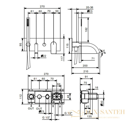 смесители для ванны fantini myo встраиваемый (наружная часть), 61 13 v621b, черный матовый
