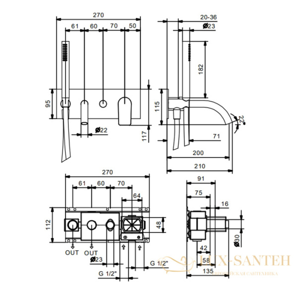 смесители для ванны fantini myo встраиваемый (наружная часть), 61 13 v621b, черный матовый