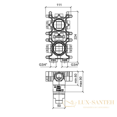 встраиваемая часть almar modular e176906, термостатического смесителя на 2 выхода, вертикальный монтаж