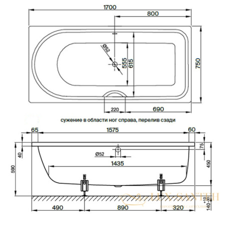 ванна bette ocean 8854-000 plus 1700х750 мм перелив сзади, шумоизоляция, антигрязевое покрытие, белый