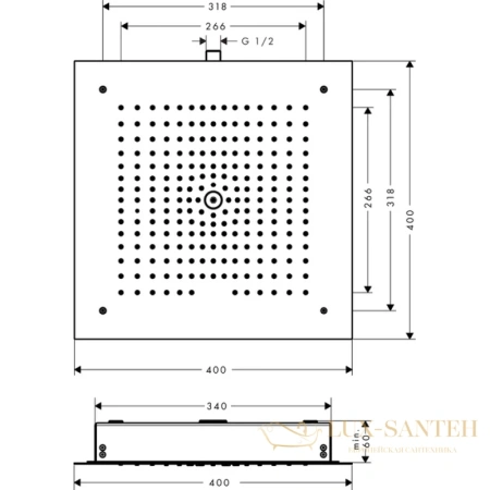верхний душ hansgrohe raindance e air 1jet 400x400 26252000 (внешняя часть)