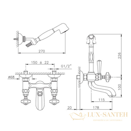 смеситель для ванны nicolazzi teide chic, 1902cr15c, настенный, с душевым комплектом, хром