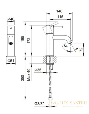 смеситель для раковины, fantini nostromo, 50 02 e804wf, 1 отв., без донного клапана, излив 115мм, хром