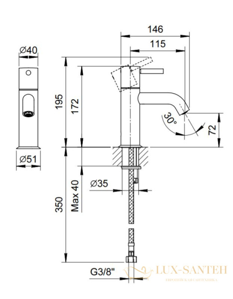 смеситель для раковины, fantini nostromo, 50 02 e804wf, 1 отв., без донного клапана, излив 115мм, хром