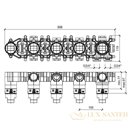 встраиваемая часть almar modular e176911, термостатического смесителя на 3 выхода, горизонтальный монтаж