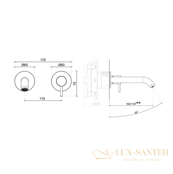 смеситель для раковины встраиваемый almar e210053.hb, внешняя часть, излив 130-155 латунь брашированная pvd