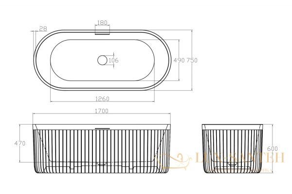 ванна свободностоящая из искусственного камня abber stein am9925b, 170х75х60h см, черный матовый