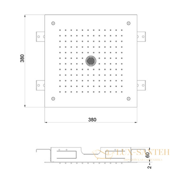 верхний душ встраиваемый 380х380 мм, almar shower heads built-n e044258.co, 2 режима, медь брашированная pvd