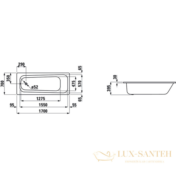 ванна стальная (3,5 мм) laufen pro 2.2495.3.600.040.1, 1700x700 мм,с отверстиями для ручек, шумоизоляцией, антискользящим покрытием, белый глянцевый